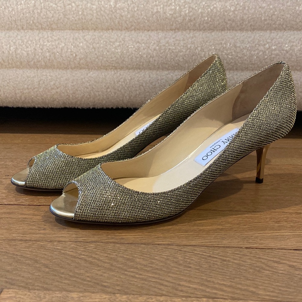 Jimmy Choo Kitten Heel Peep Toe Pumps 38.5 sparkly gold glitter